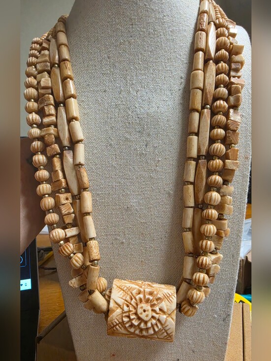 Artisan Jewelry - Vintage Hand-Carved Ox Bone 4 Strand Ethnic Boho Statement Necklace
